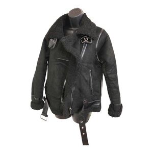 Black moto bomber buckled faux shearling biker jacket coat‎ size small new